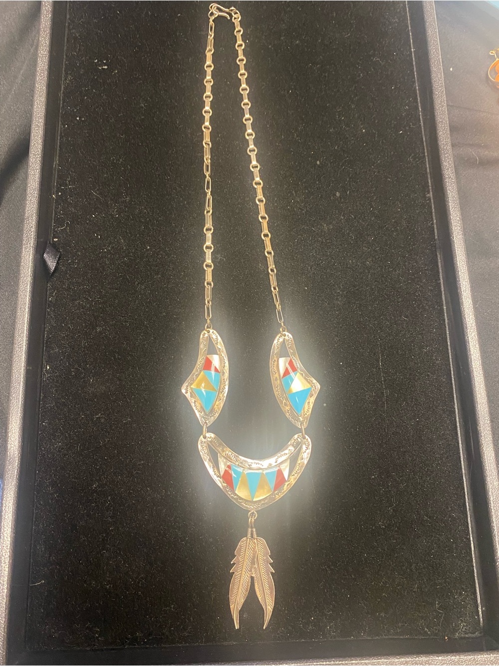 Sterling Silver Multi Stone Inlay Pendant Necklace
